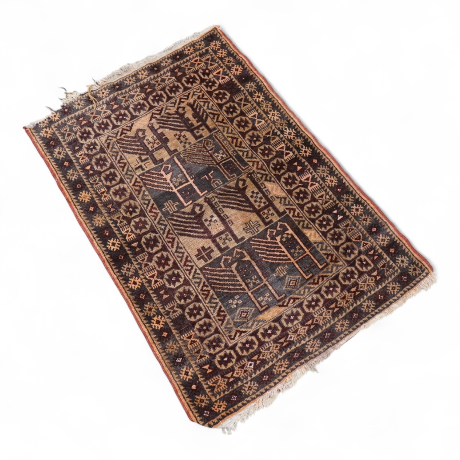 A small brown and red ground rug, 86cm wide